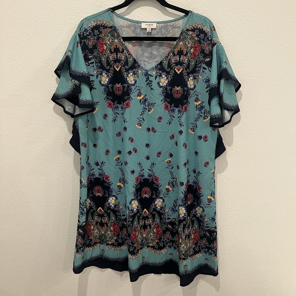 Umgee Floral Shift Dress Womens M Teal Blue Flutter Sleeve Boho Mini Tunic